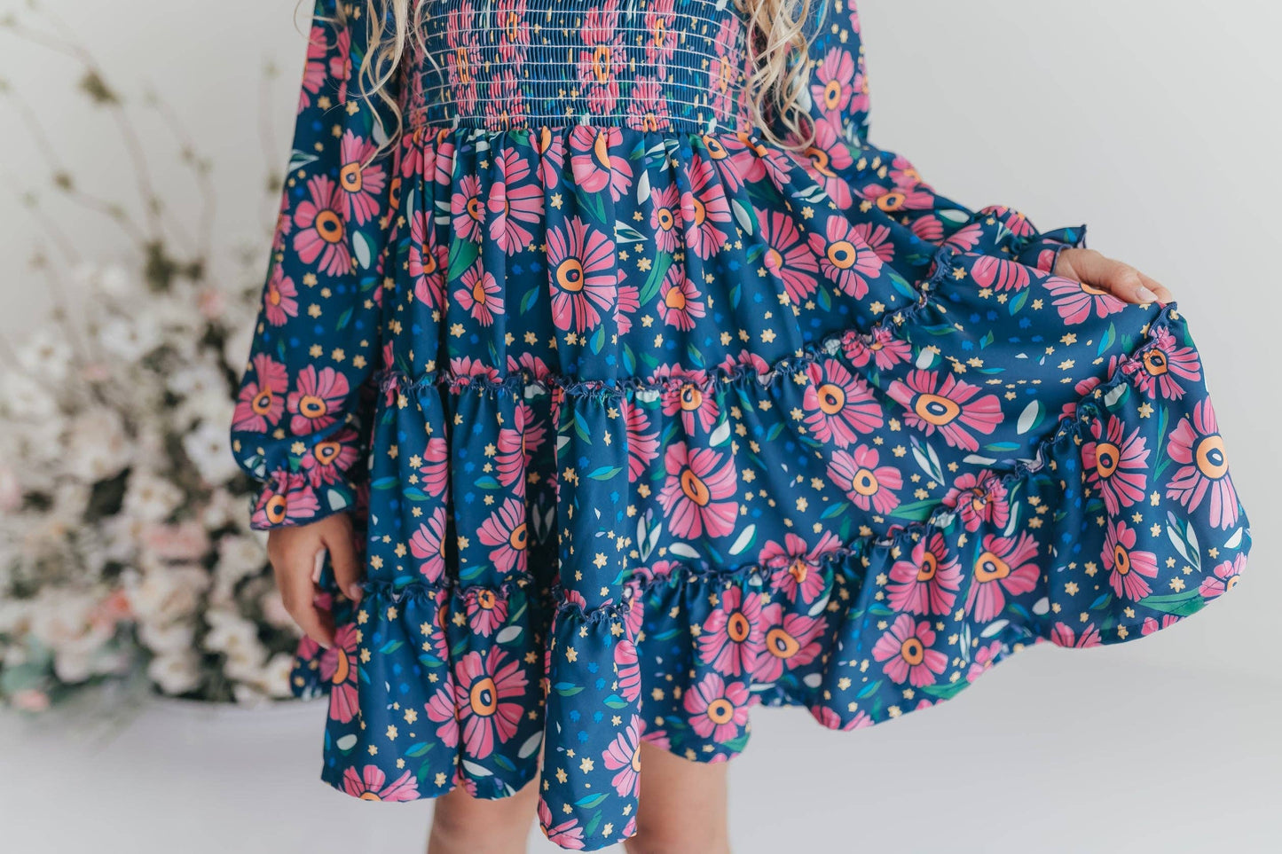 Blue & Pink Flower 3-Tiered Smocked Fall Dress