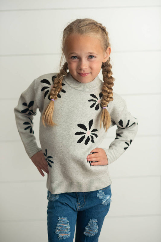 Gray Flower Crew Neck  Sweater