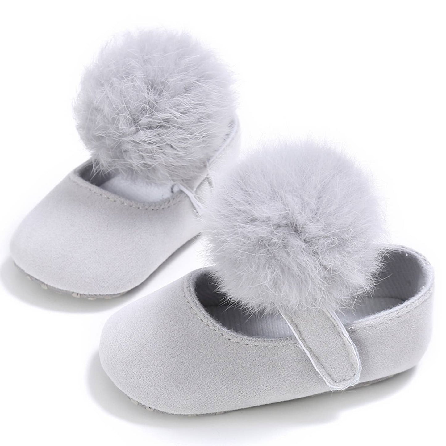 Grey Pom-Pom Fur Ballet Crib Shoes
