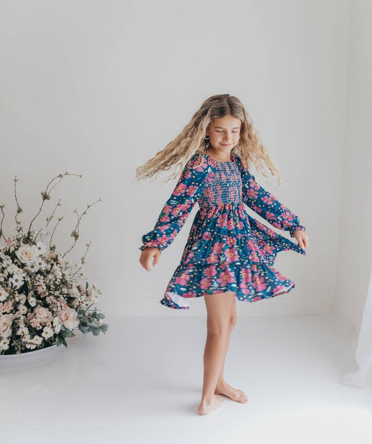 Blue & Pink Flower 3-Tiered Smocked Fall Dress