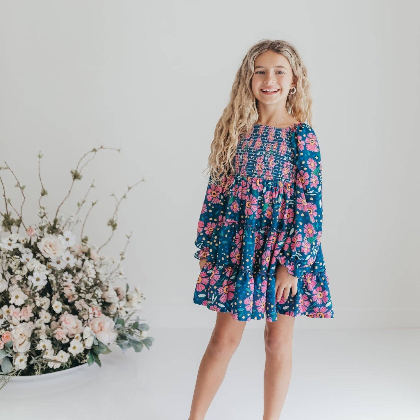Blue & Pink Flower 3-Tiered Smocked Fall Dress
