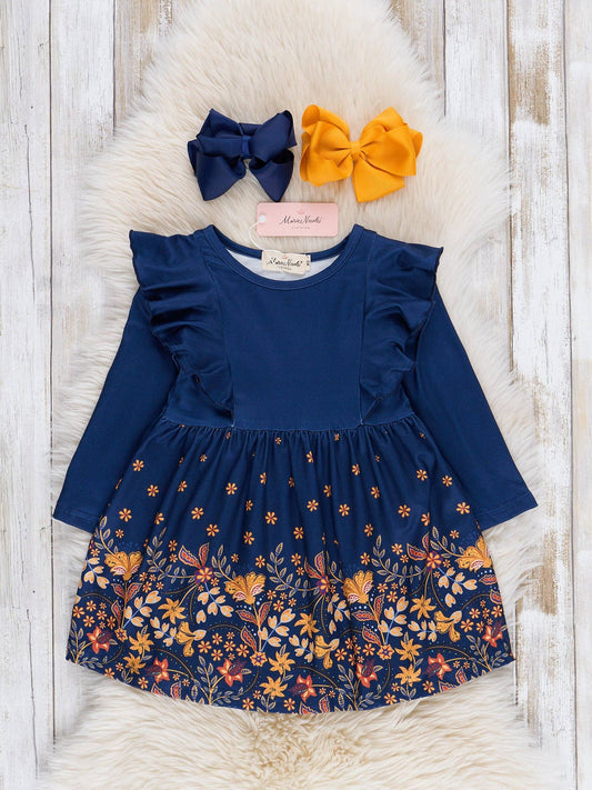 Navy Floral Harvest Ruffle Dress