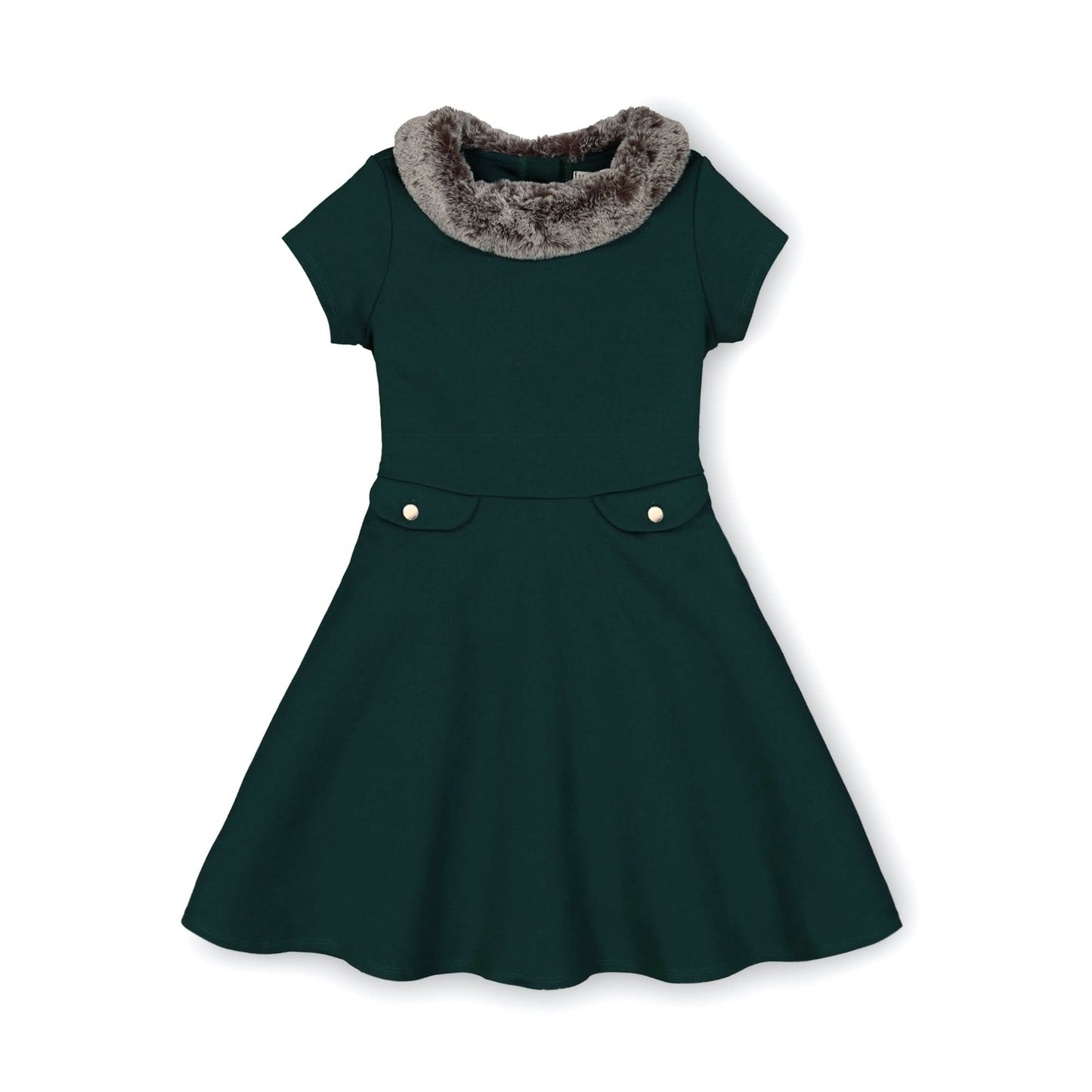 Green Fit & Flare Ponte Dress with Faux Fur