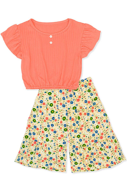 2 pcs Gaucho Flare Floral Pant Set: Coral