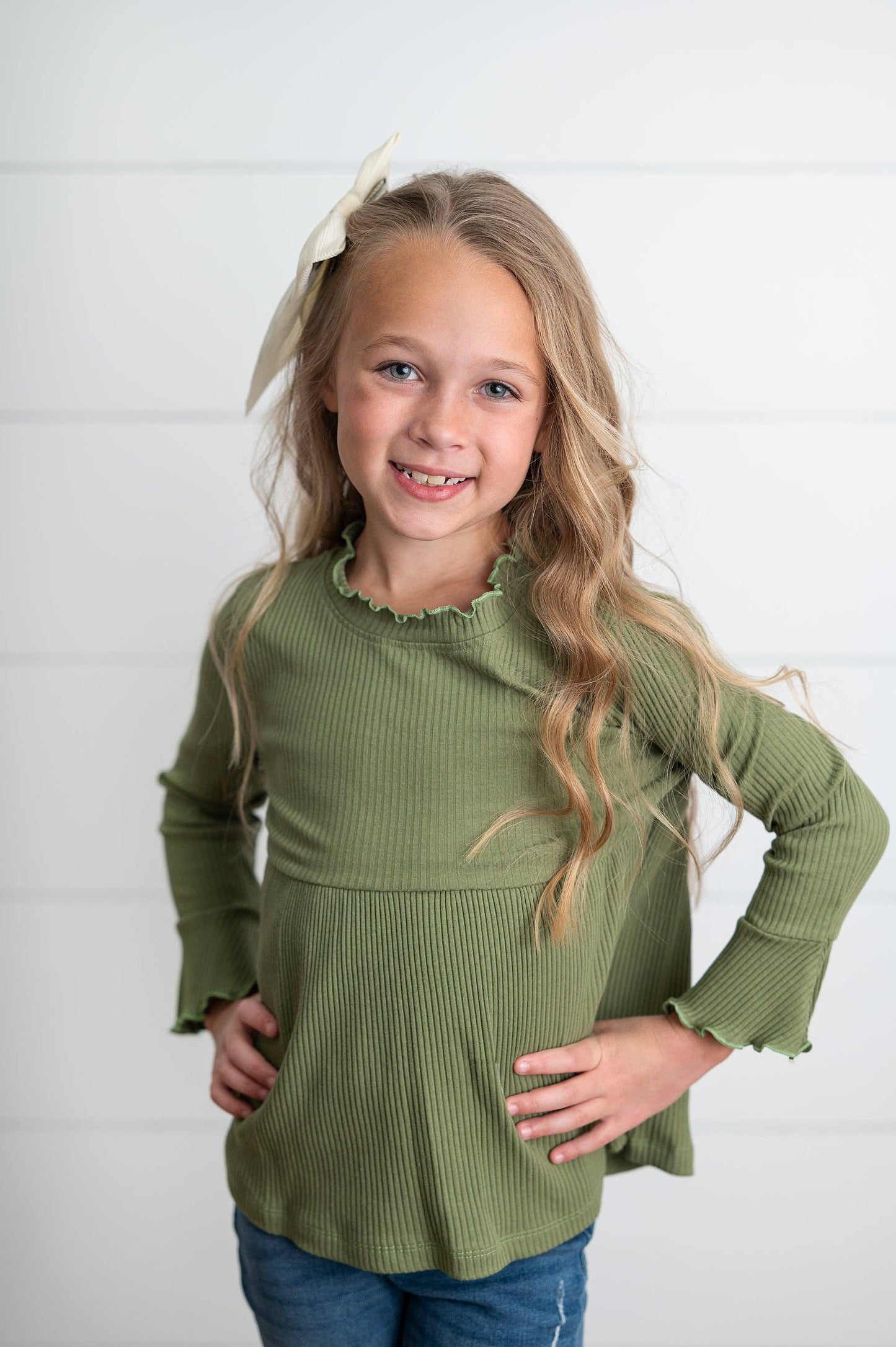 Olive Long Sleeve Lettuce Trim Ribbed Top