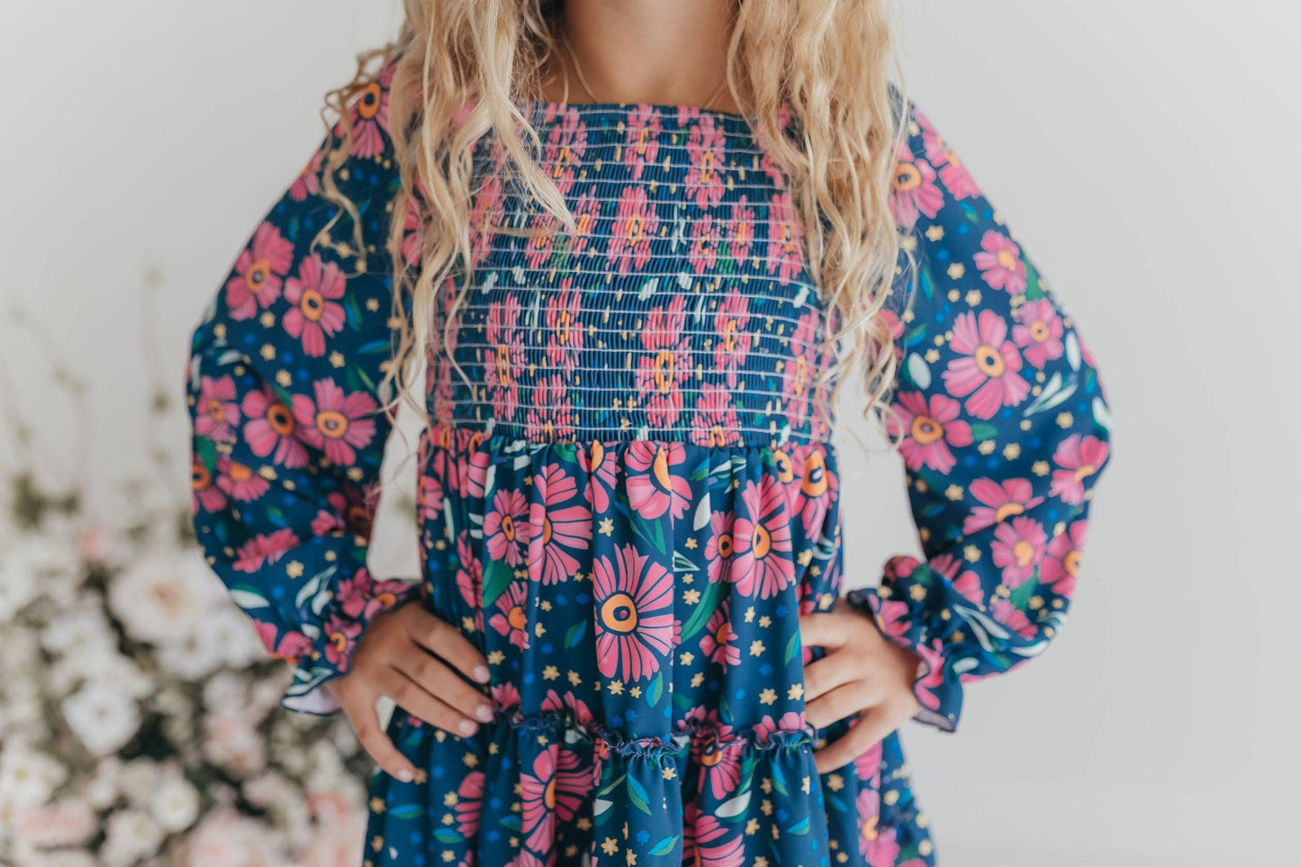 Blue & Pink Flower 3-Tiered Smocked Fall Dress