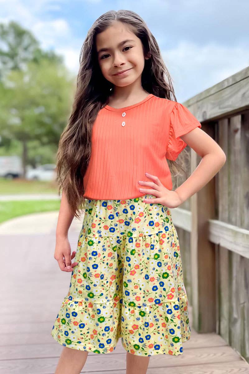 2 pcs Gaucho Flare Floral Pant Set: Coral