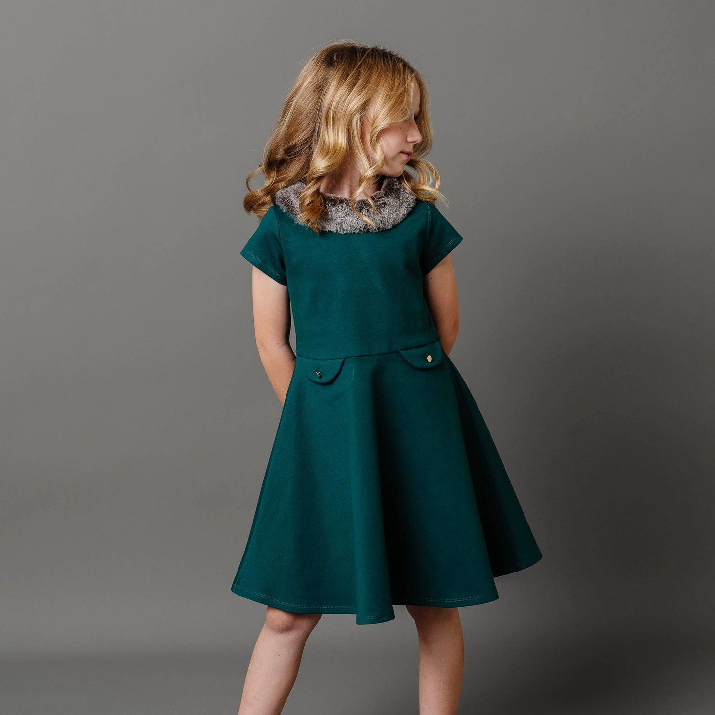 Green Fit & Flare Ponte Dress with Faux Fur
