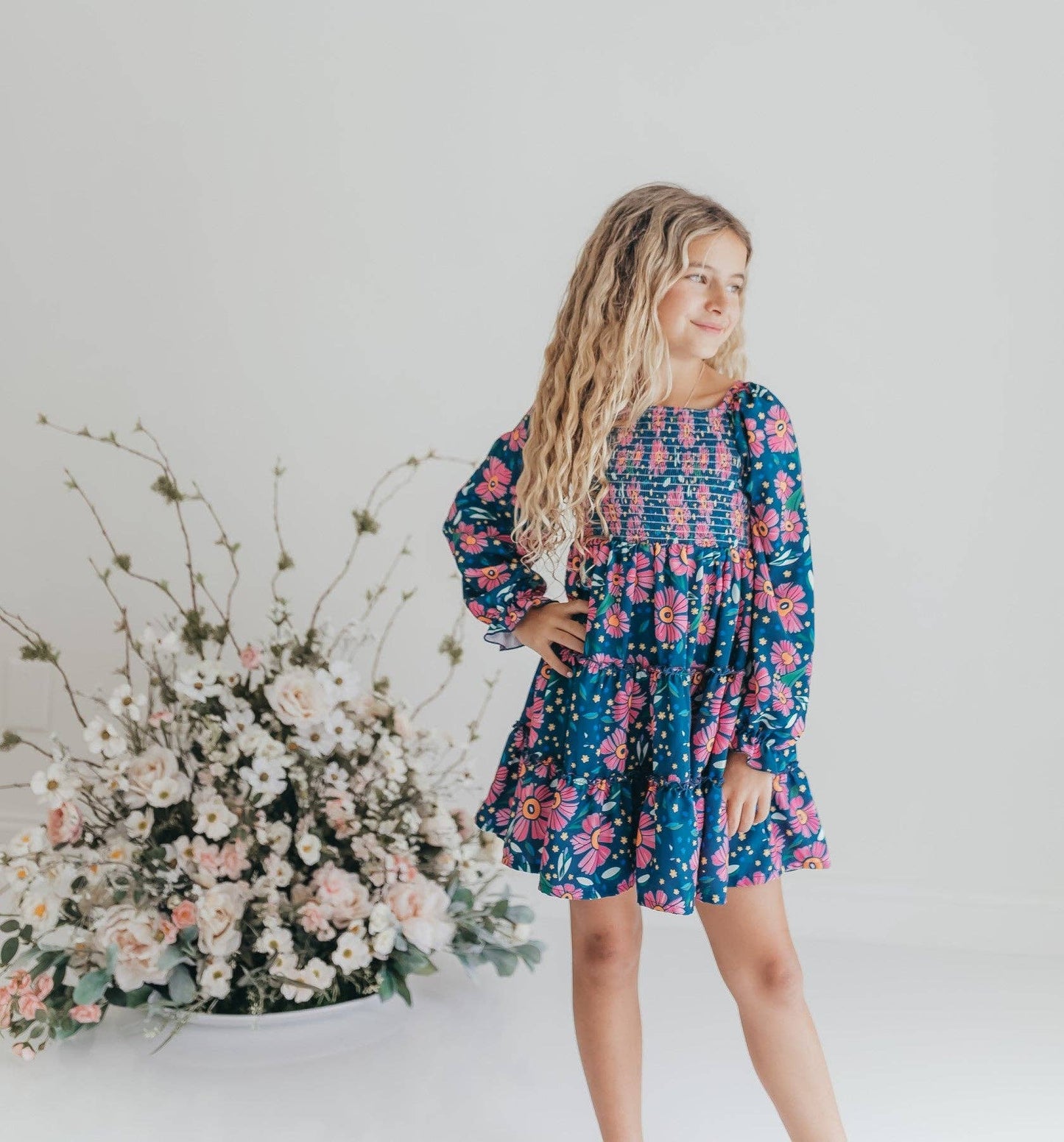 Blue & Pink Flower 3-Tiered Smocked Fall Dress