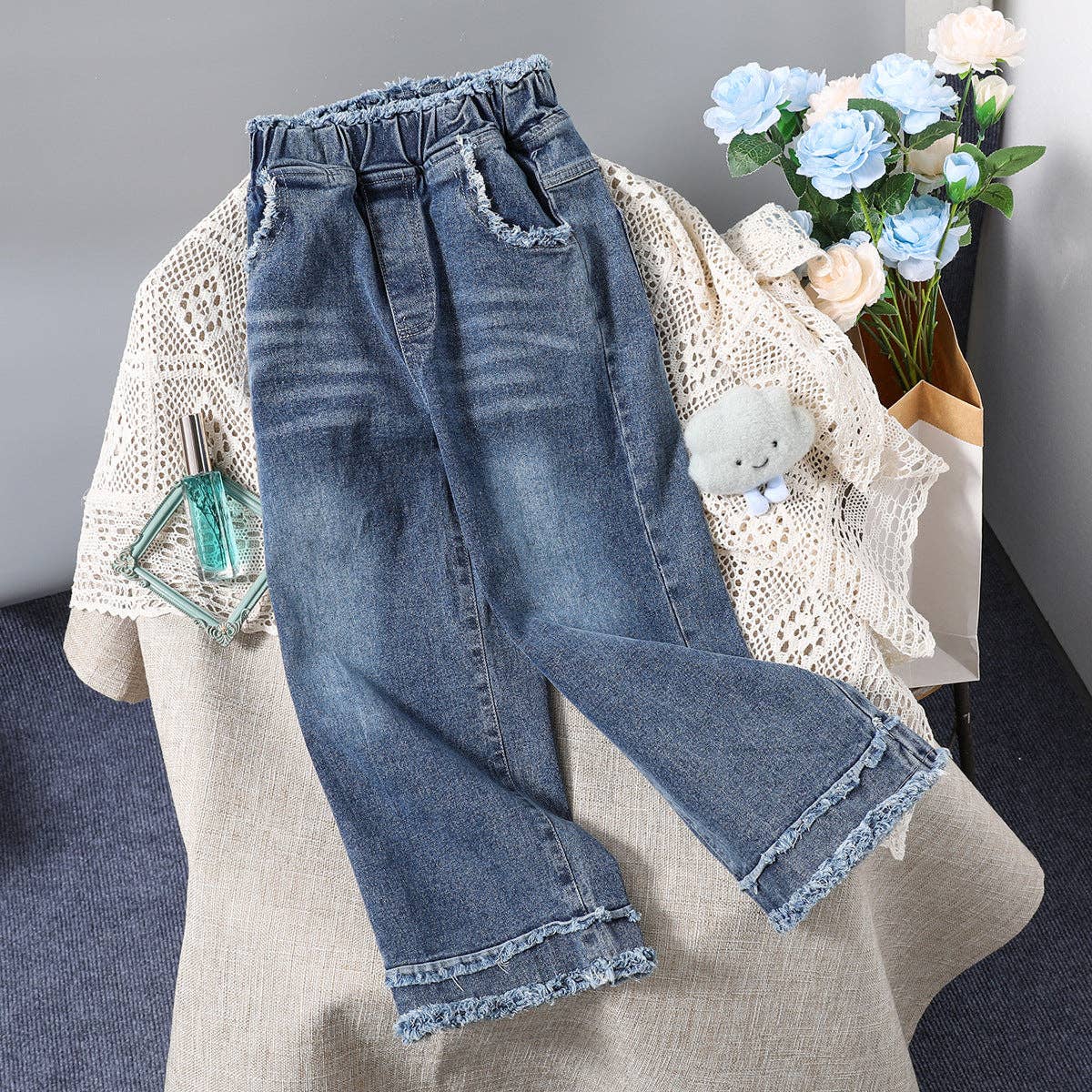 Denim Fringed Wide-Leg Pants