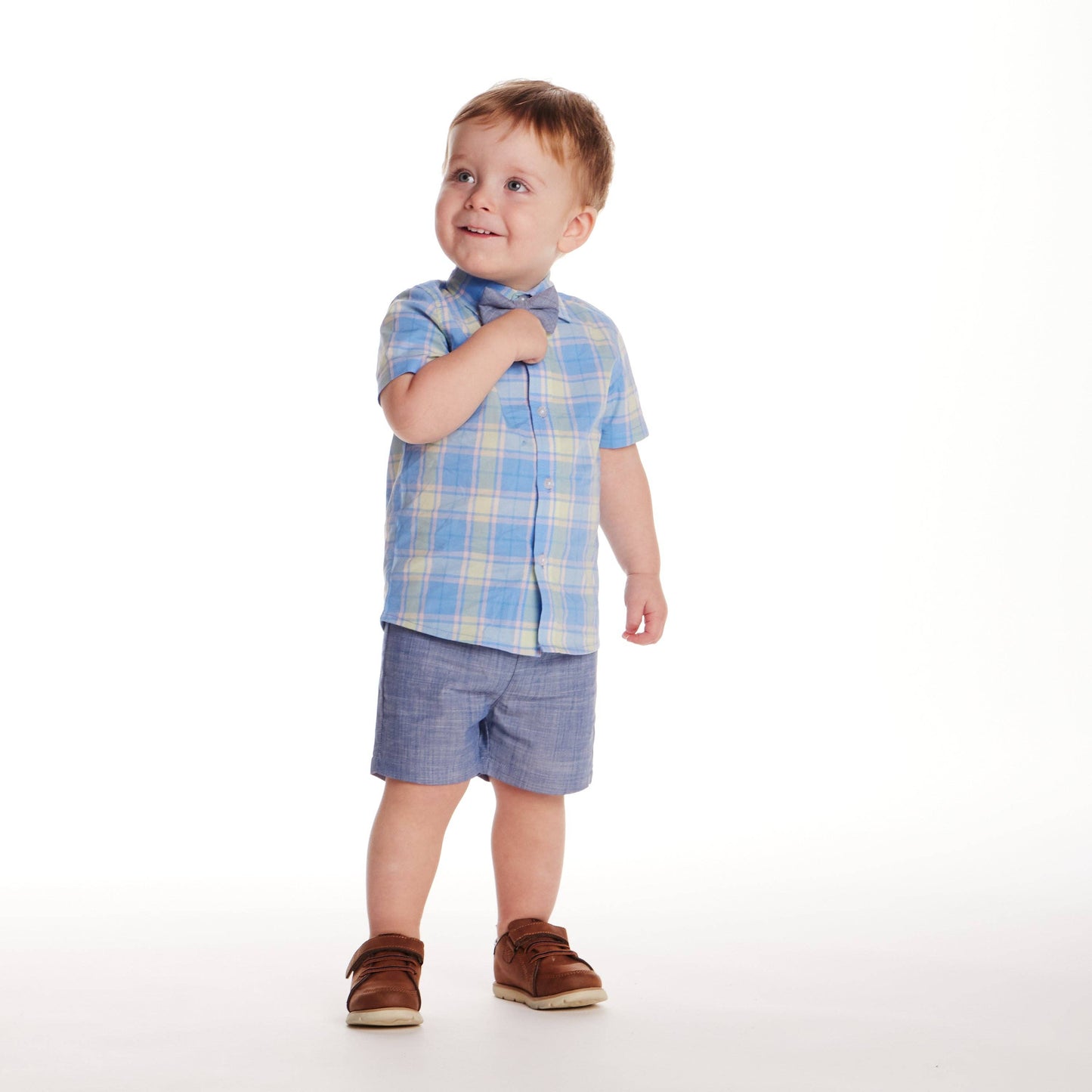 3-Piece Button-down & Short Set | Blue Plaid