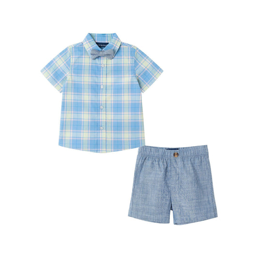 3-Piece Button-down & Short Set | Blue Plaid