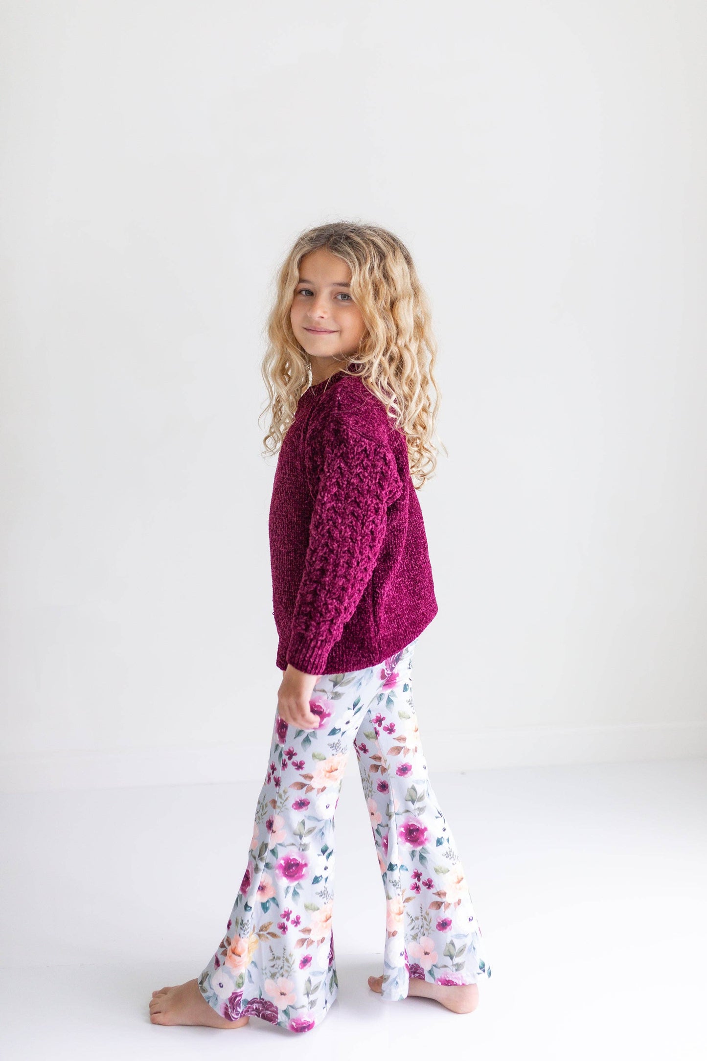 Plum Sweater & Sage Floral Bell Bottom