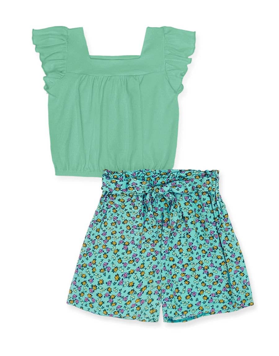 2 pc Floral Short Set w/ Ribbed Top: Emerald/Teal Floral