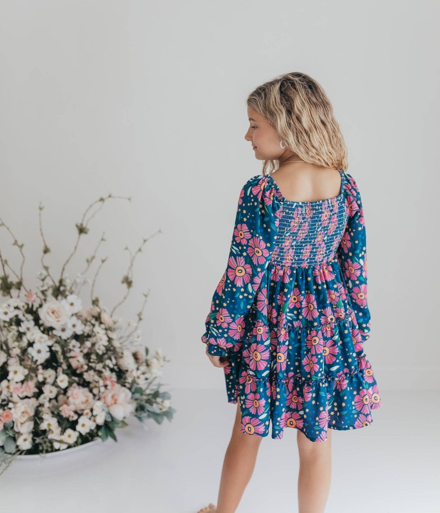 Blue & Pink Flower 3-Tiered Smocked Fall Dress