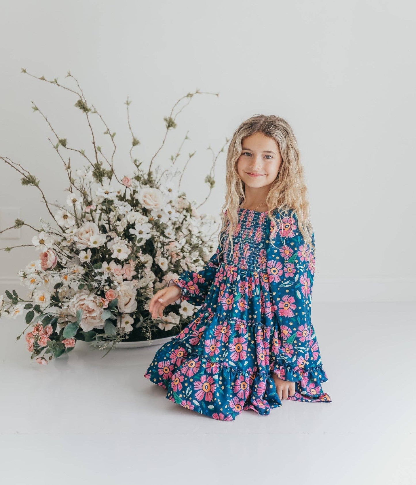 Blue & Pink Flower 3-Tiered Smocked Fall Dress
