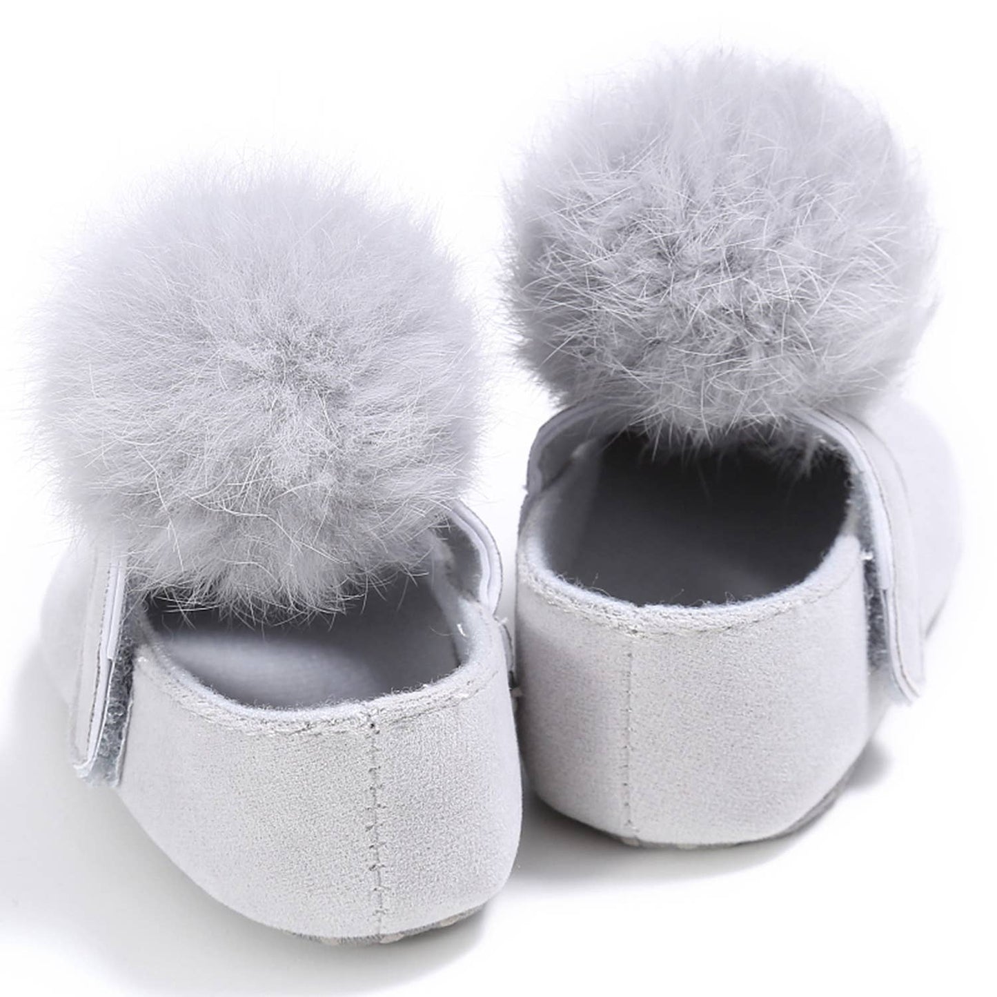 Grey Pom-Pom Fur Ballet Crib Shoes