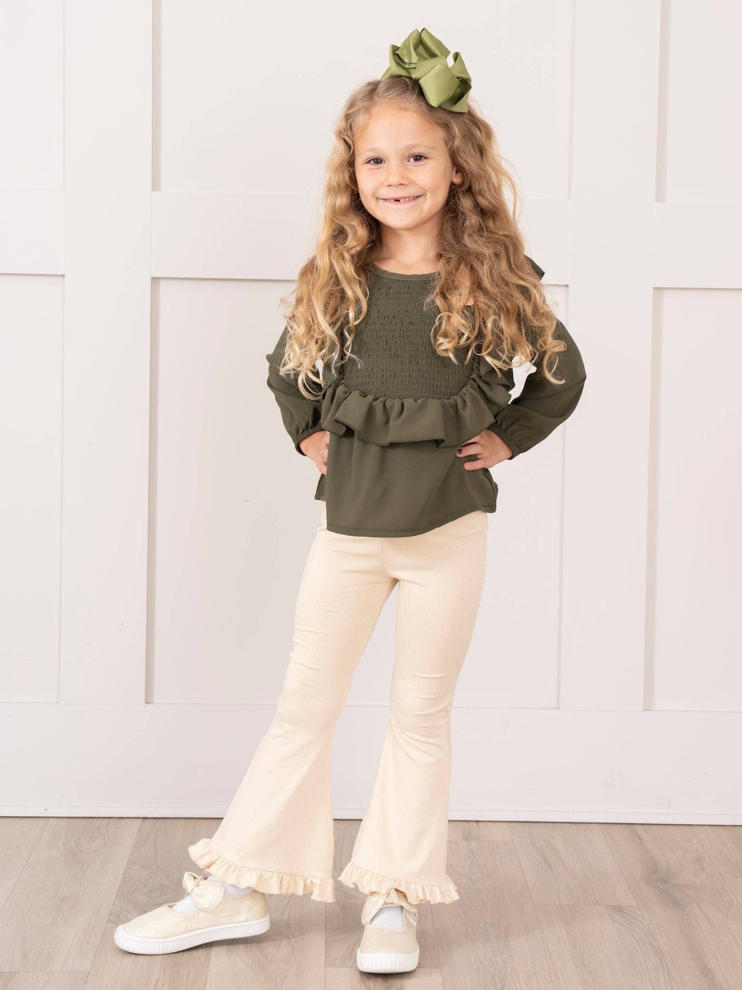 Cream Ruffle Flare Pants