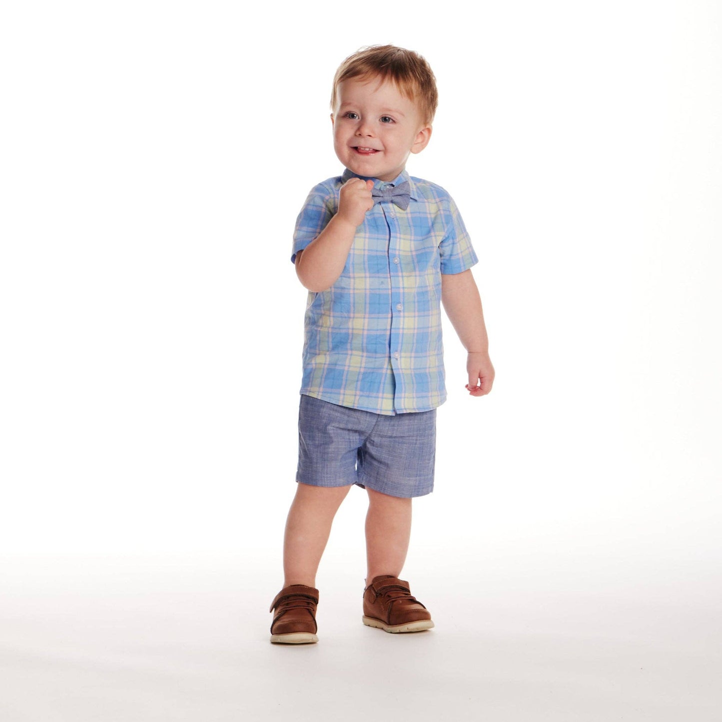 3-Piece Button-down & Short Set | Blue Plaid