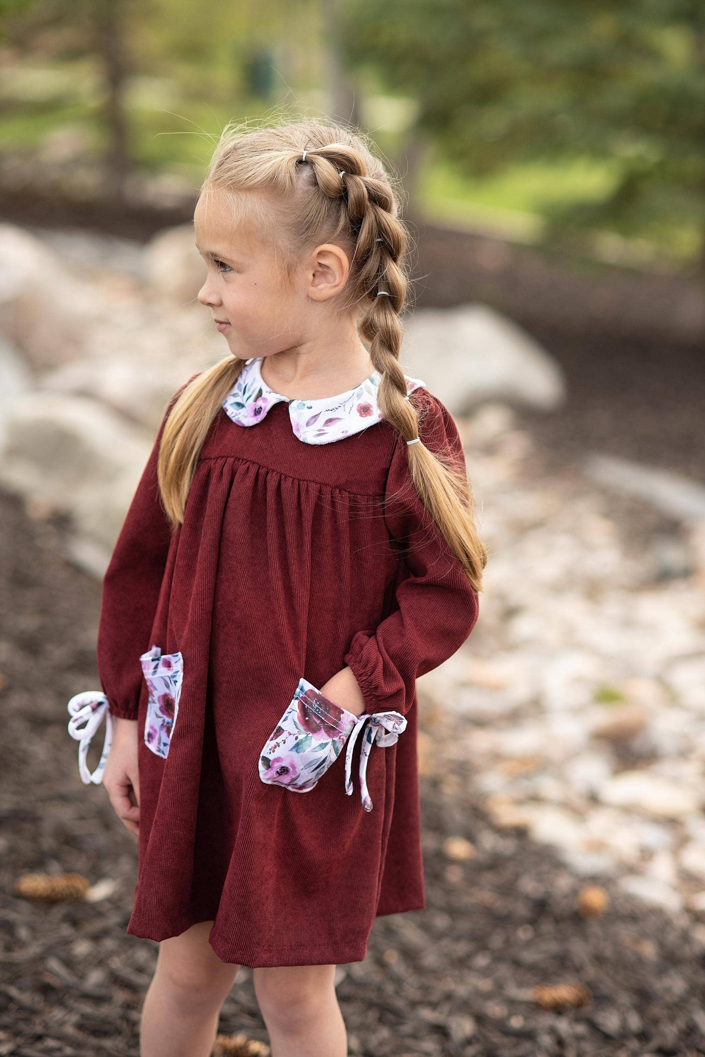 Burgundy Wine Corduroy Pocket Bow Fall Winter Dress