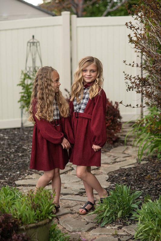 Burgundy Black & White Plaid Yoke Long Sleeve Dress