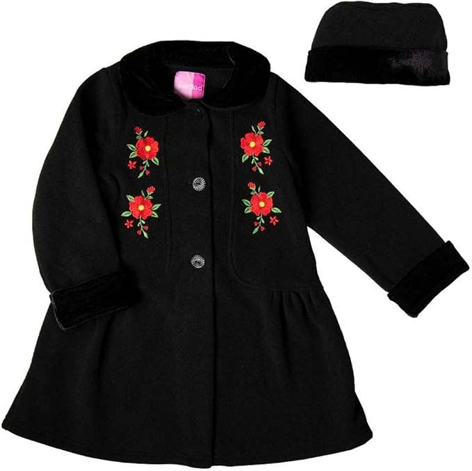 Black Embroidered Fleece Coat with Hat