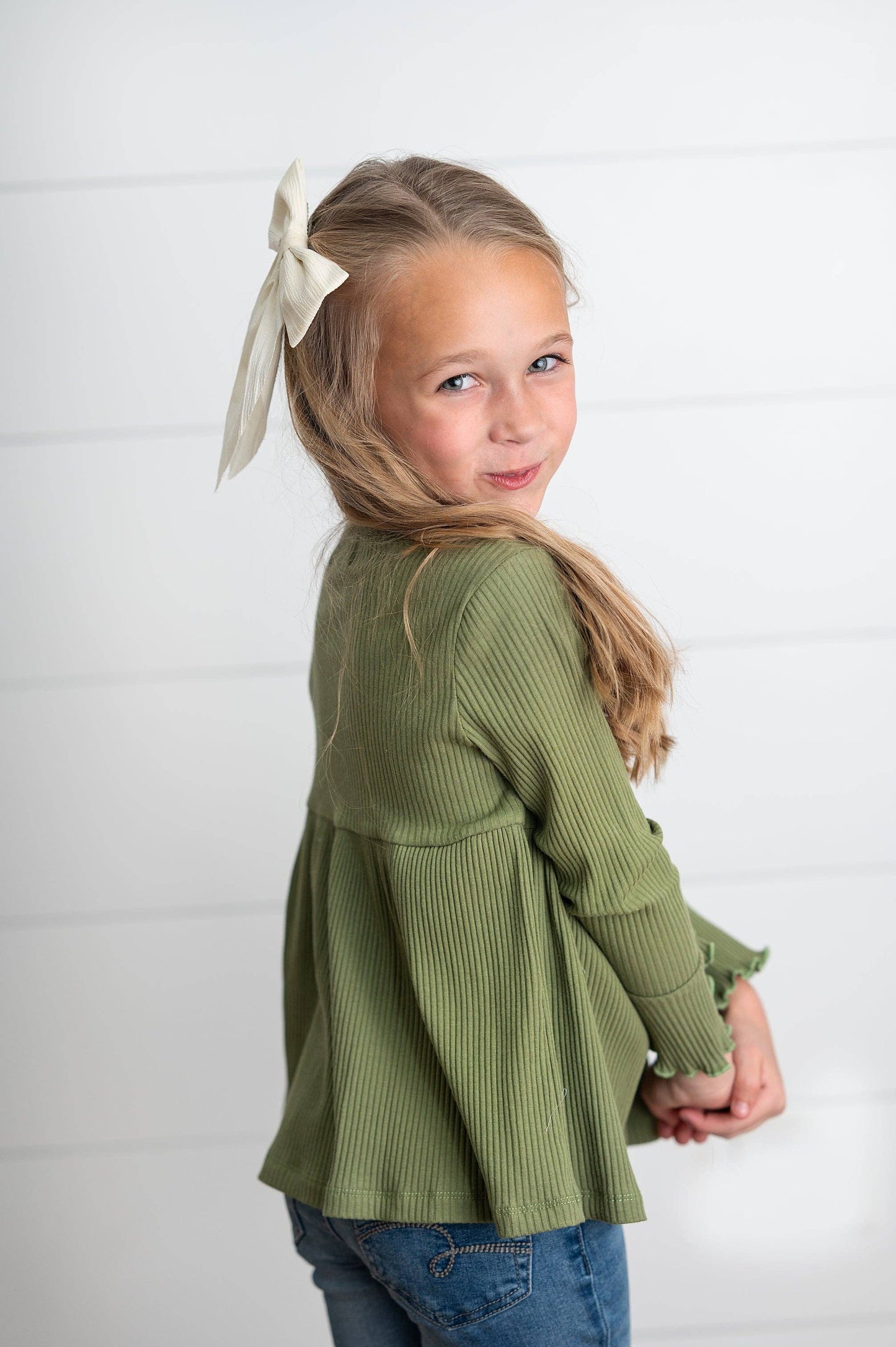 Olive Long Sleeve Lettuce Trim Ribbed Top