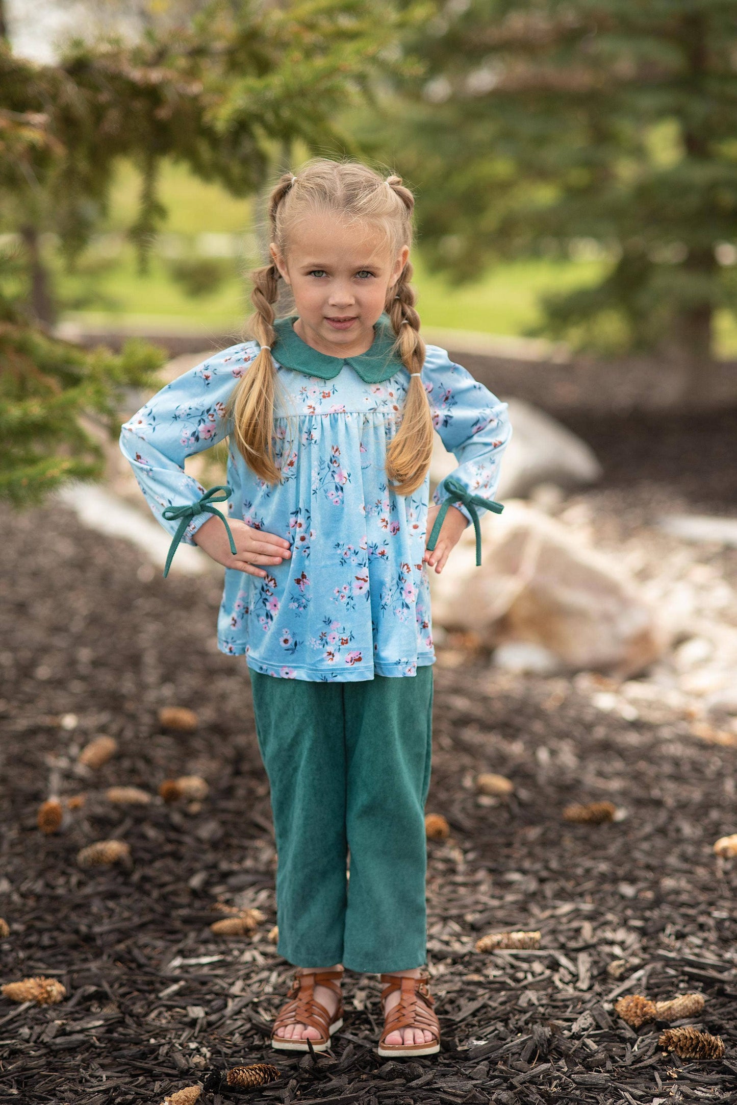 Teal Corduroy Pocket Bow Pant Set