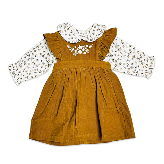 Corduroy Pinafore Baby Dress + Floral Shirt SET (Organic): Mustard / 3-6M