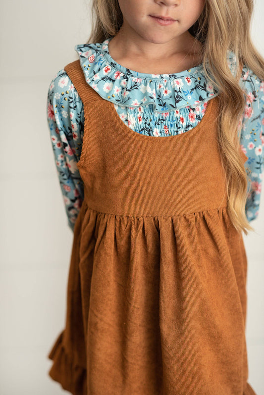 Blue Floral Smocked Top & Caramel Corduroy Jumper Set