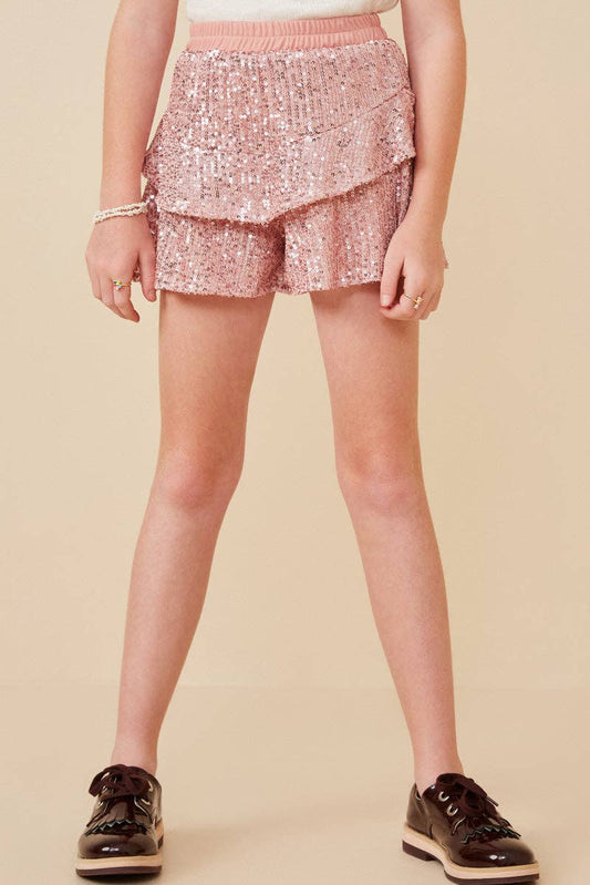 Pink Sequin Ruffle Shorts