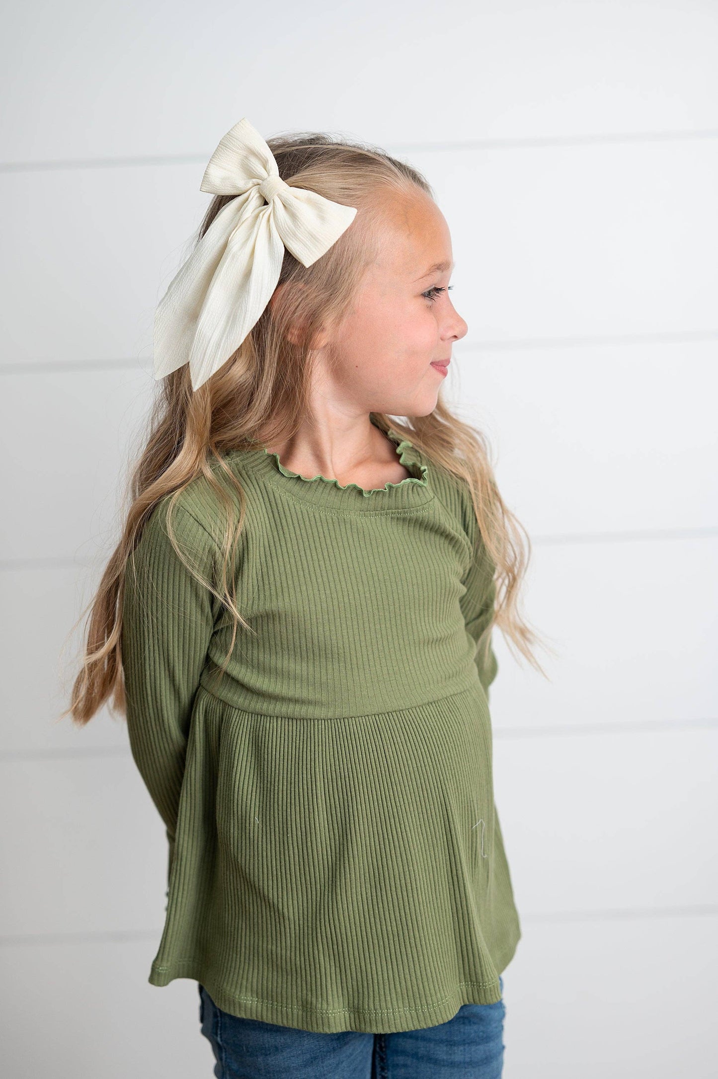 Olive Long Sleeve Lettuce Trim Ribbed Top
