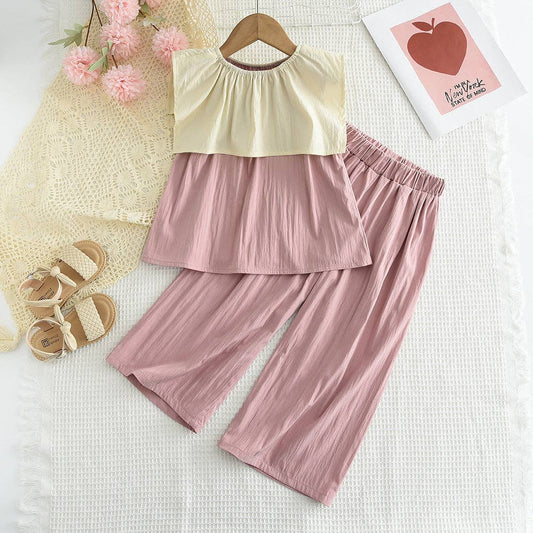Girls Contrast Color Large Lapel Top with Matching Pants