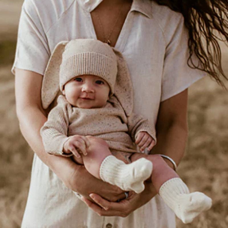 Oatmeal Colored Cotton Button Onesie with Bunny Ear Hat