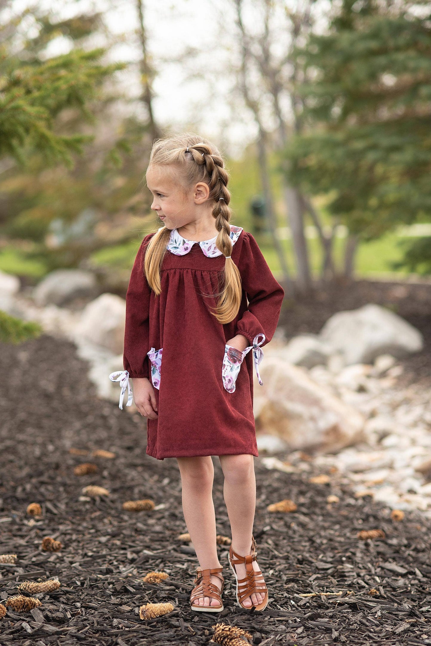 Burgundy Wine Corduroy Pocket Bow Fall Winter Dress