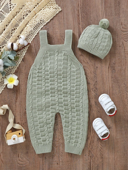 Light Green Wool Knitted Suspender Jumpsuit with Matching Hat