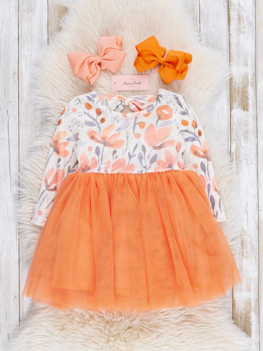 Orange Watercolor Garden Tulle Dress