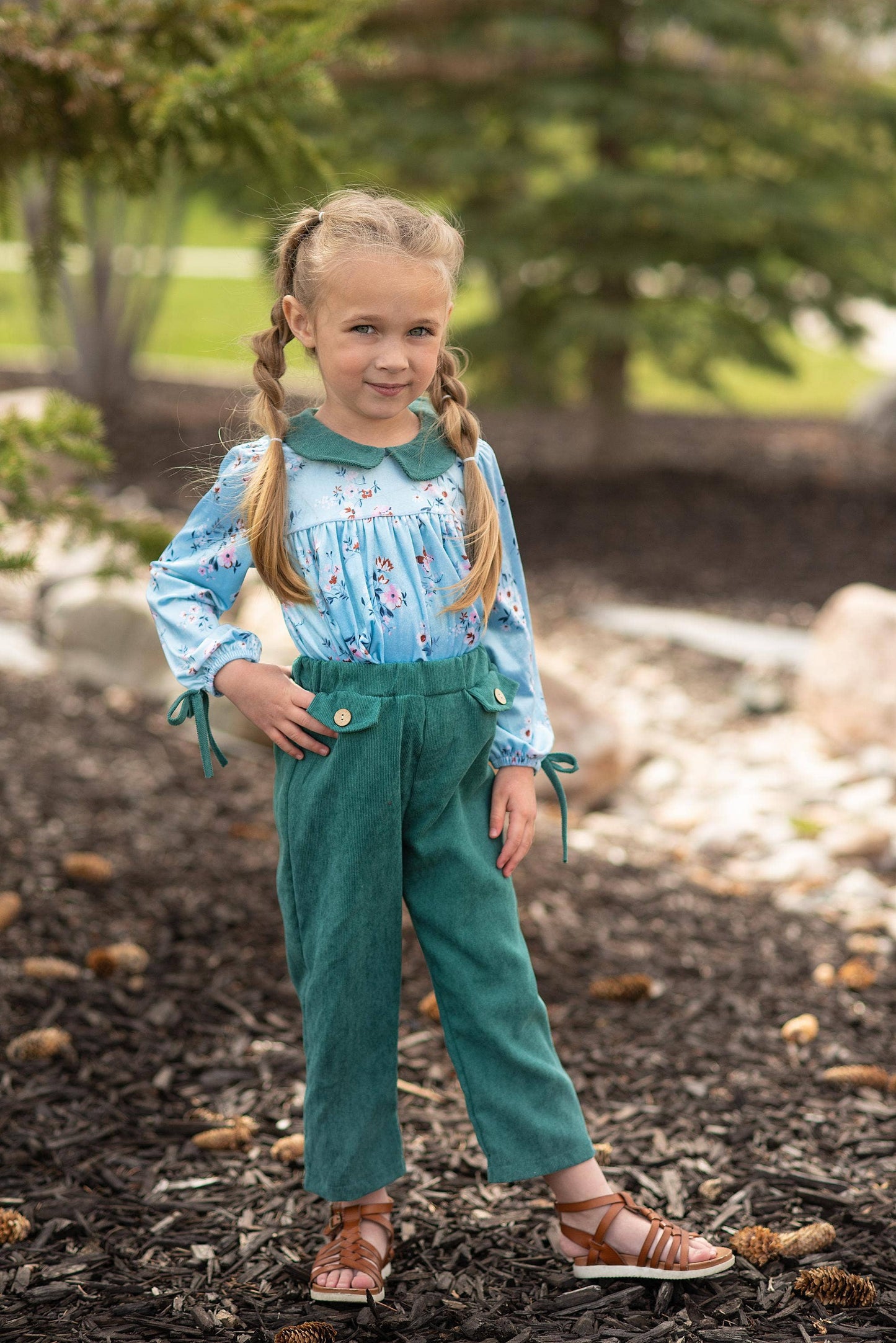 Teal Corduroy Pocket Bow Pant Set