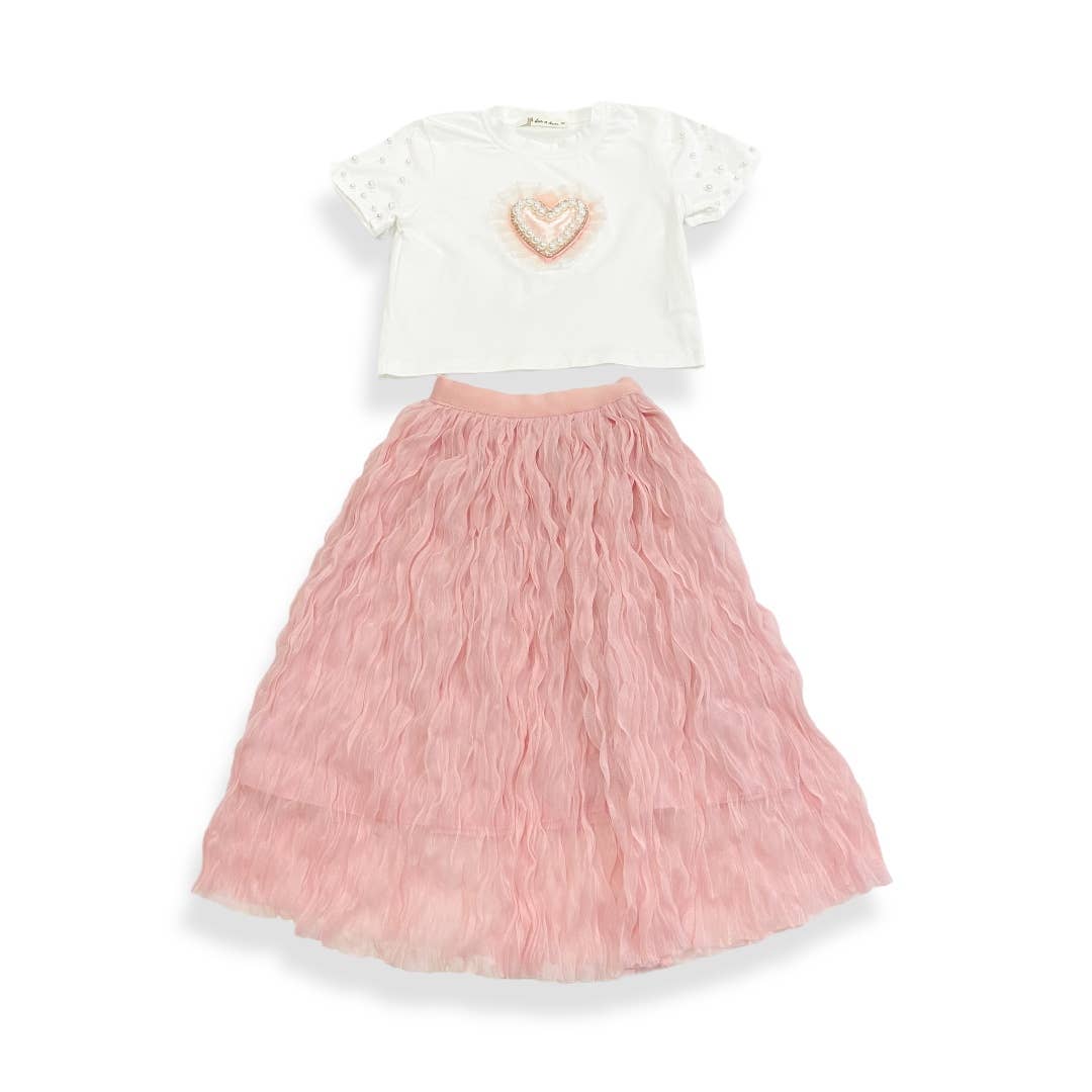 Pink Wavy Mesh Midi Skirt