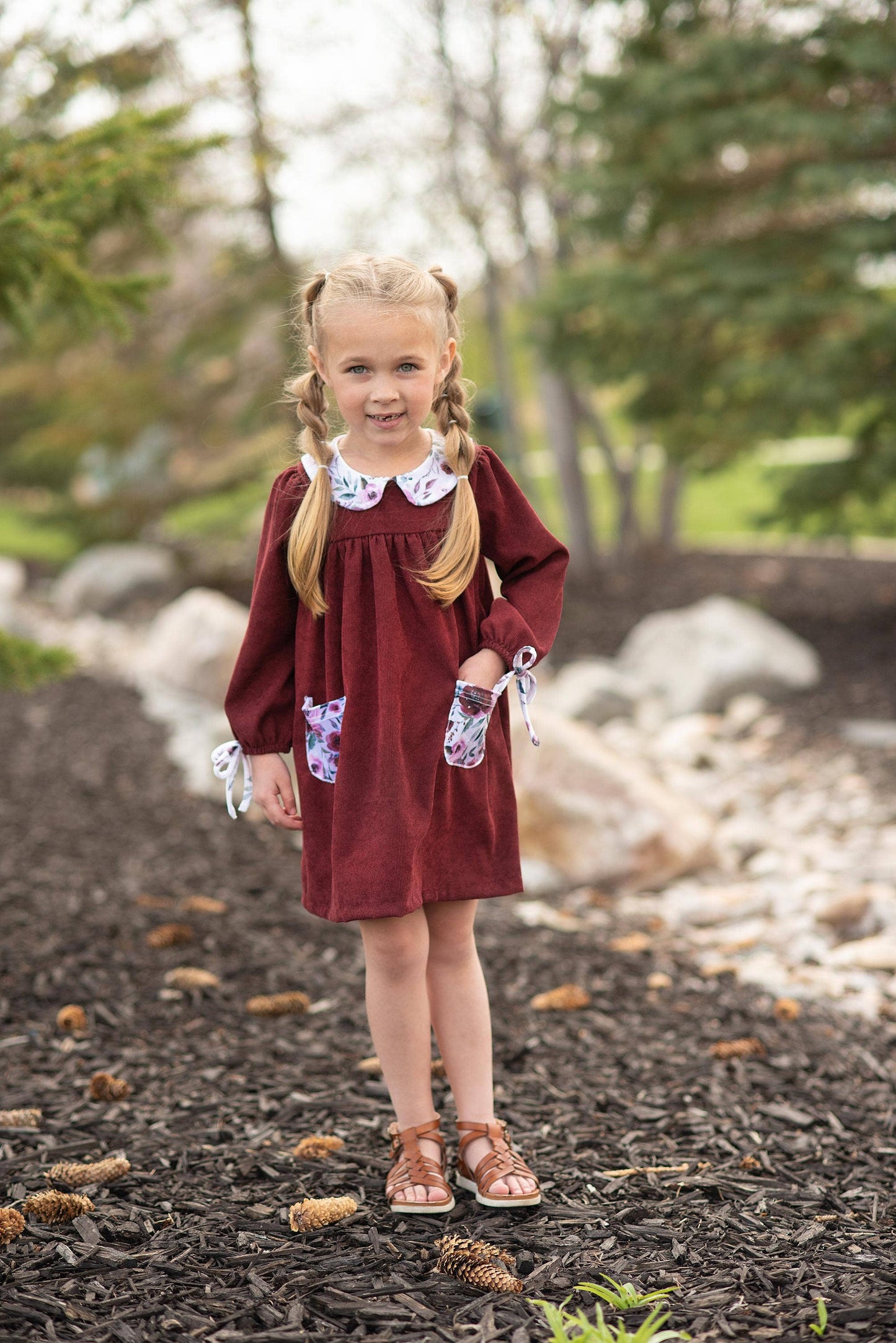 Burgundy Wine Corduroy Pocket Bow Fall Winter Dress