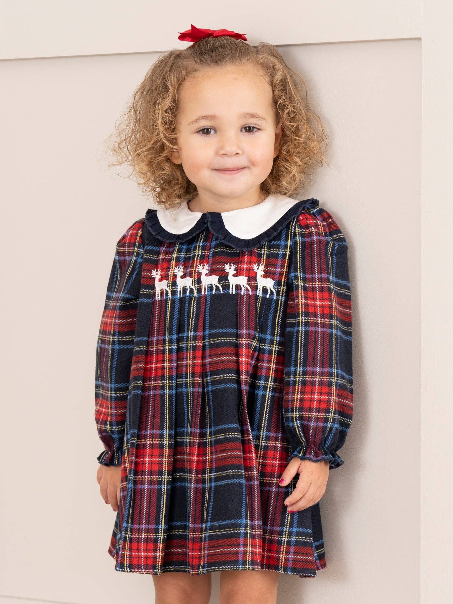 Embroidered Reindeer Plaid Dress