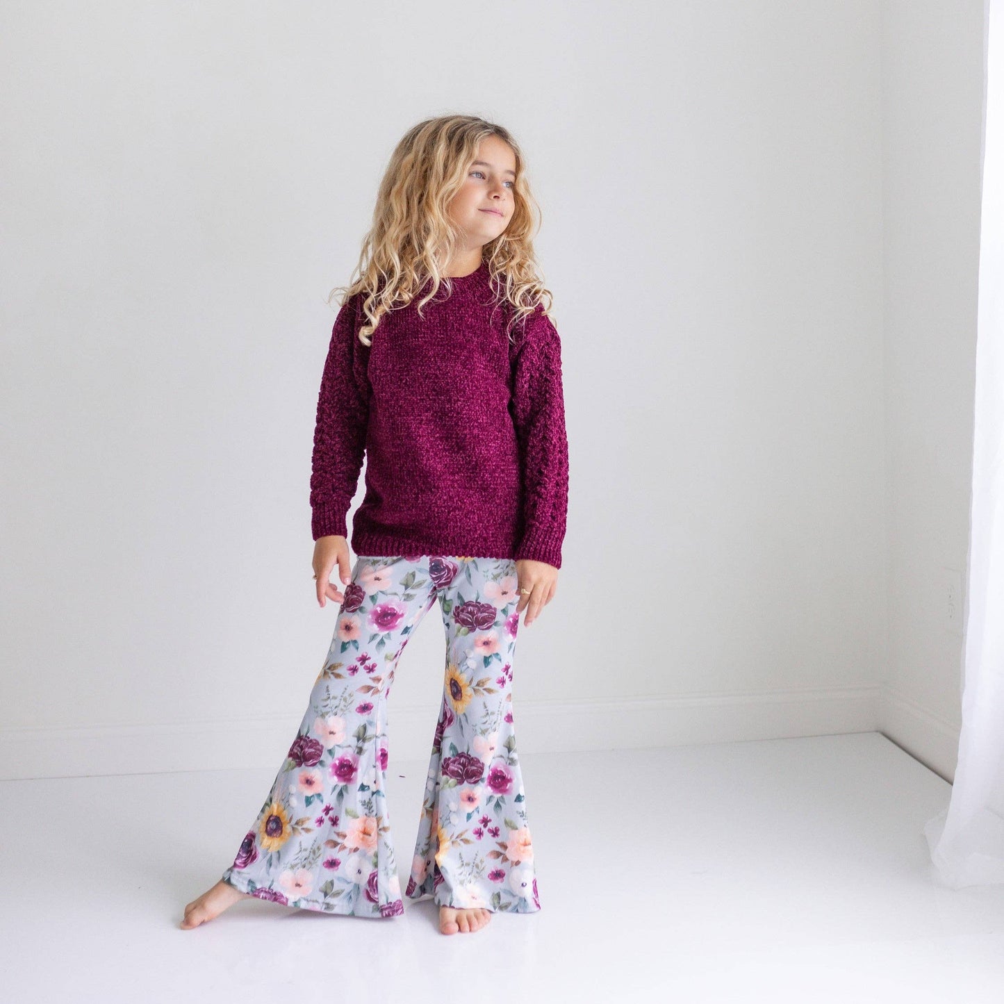 Plum Sweater & Sage Floral Bell Bottom
