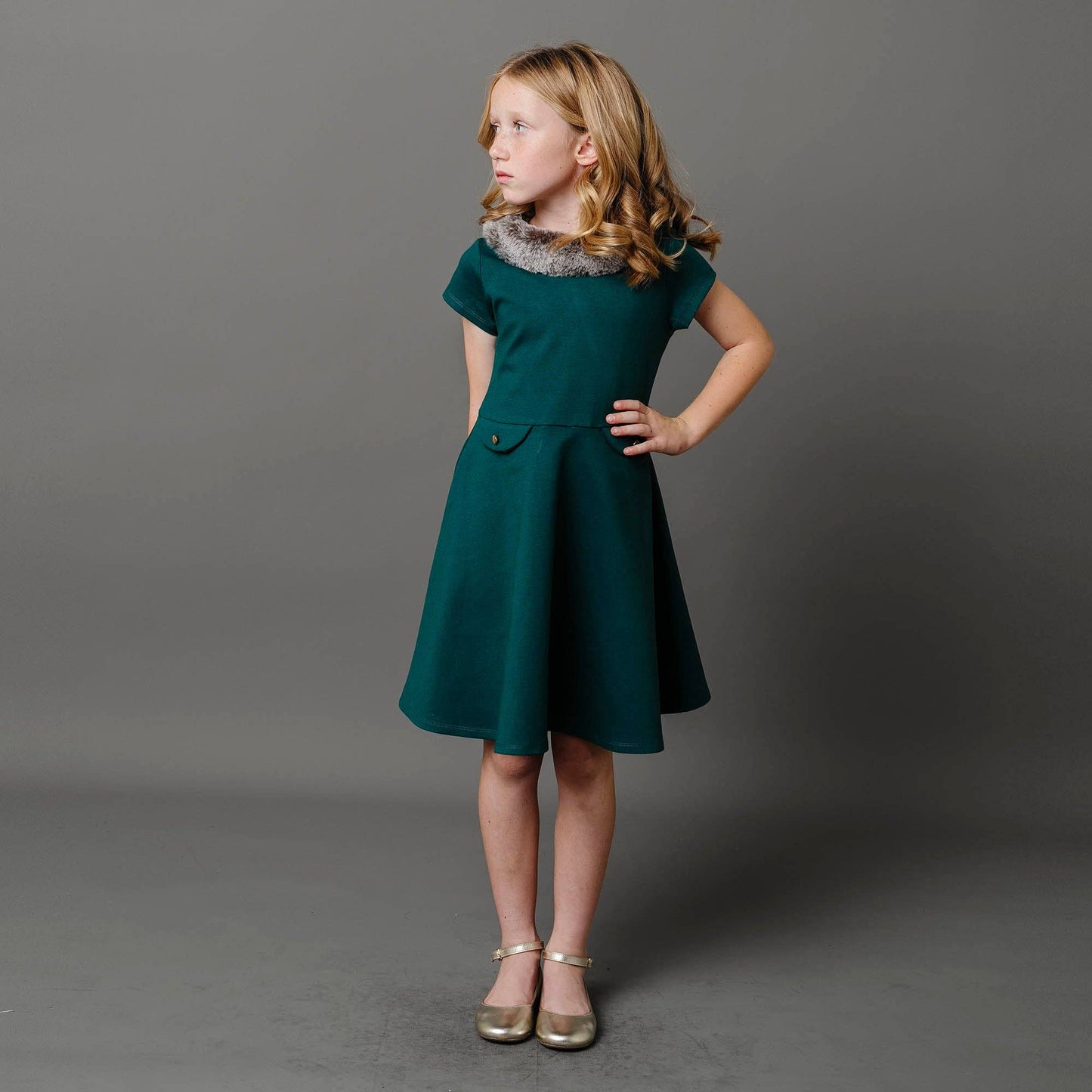 Green Fit & Flare Ponte Dress with Faux Fur