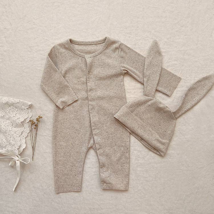 Oatmeal Colored Cotton Button Onesie with Bunny Ear Hat