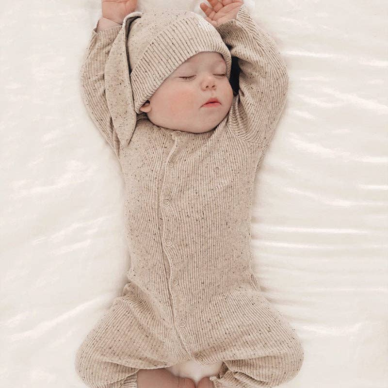 Oatmeal Colored Cotton Button Onesie with Bunny Ear Hat