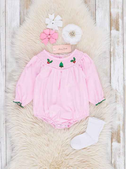 Pink Smocked Holiday Berries Cotton Bubble Romper