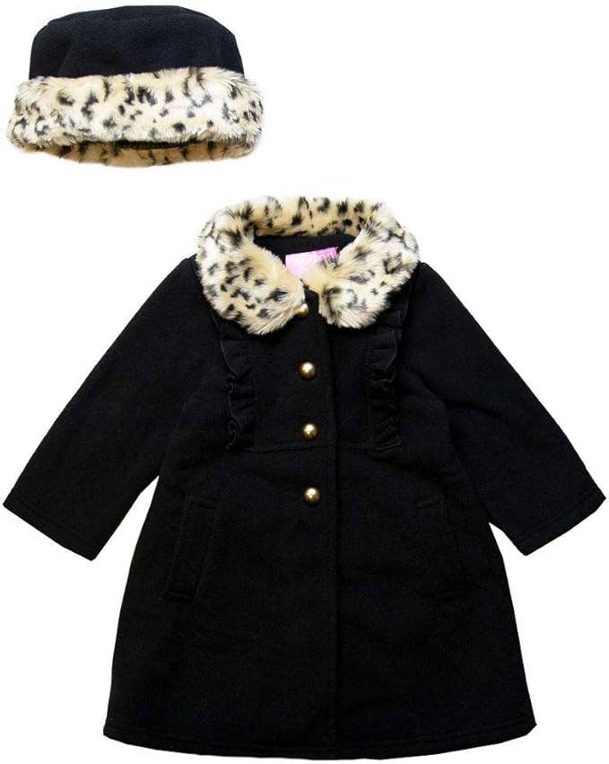 Black Fleece Coat with Leopard Trim