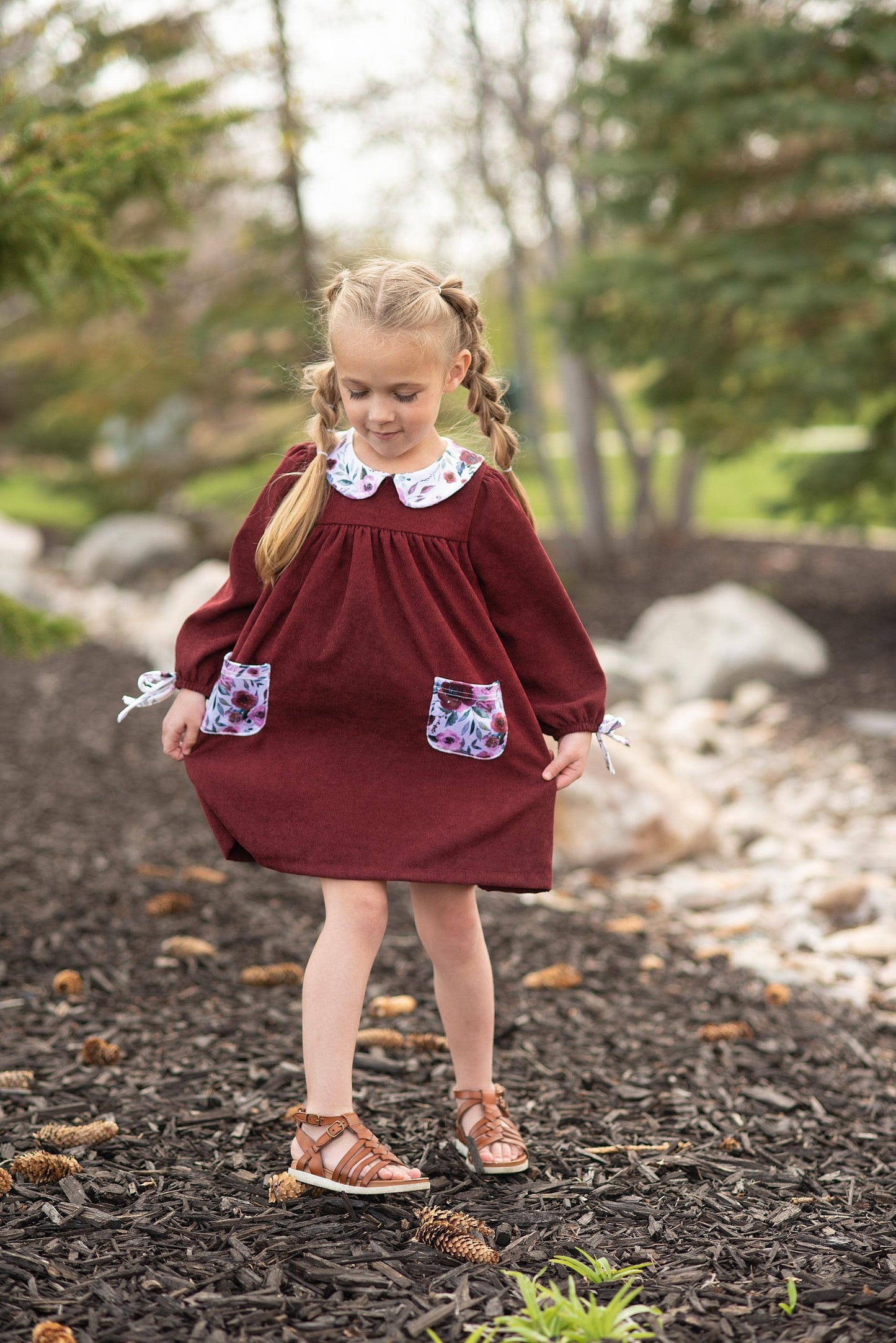 Burgundy Wine Corduroy Pocket Bow Fall Winter Dress