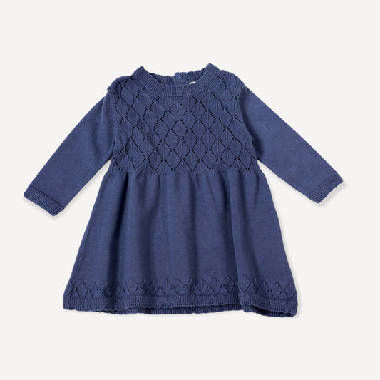 Dusty Blue Milan Baby Pointelle Sweater Knit Dress (Organic Cotton)